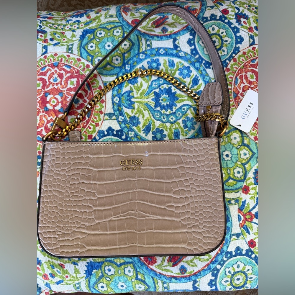 Guess Tan Croc Embossed Bag with Gold Chain